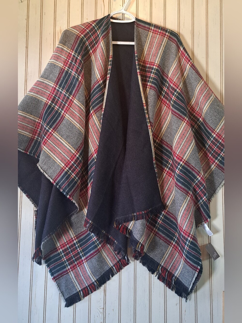 NWT J.JILL Open Front Knit Plaid Poncho Style Scarlet Cozy S-L OSFA HOLIDAYS
